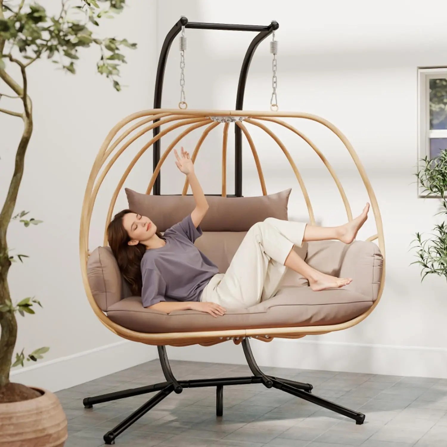 Double Egg Hanging Swing Chair with Stand Cushions Headrest 80"H Metal Basket for Indoor Outdoor Patio Deck Brown, Customized