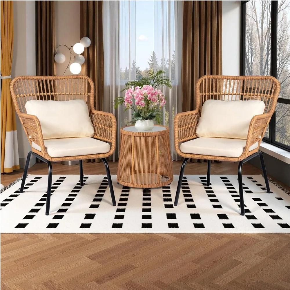 3 Piece Outdoor Wicker Bistro Set, Patio Conversation Set, 2 Large Rattan Chairs W/Tempered Glass Table, Patio Furniture