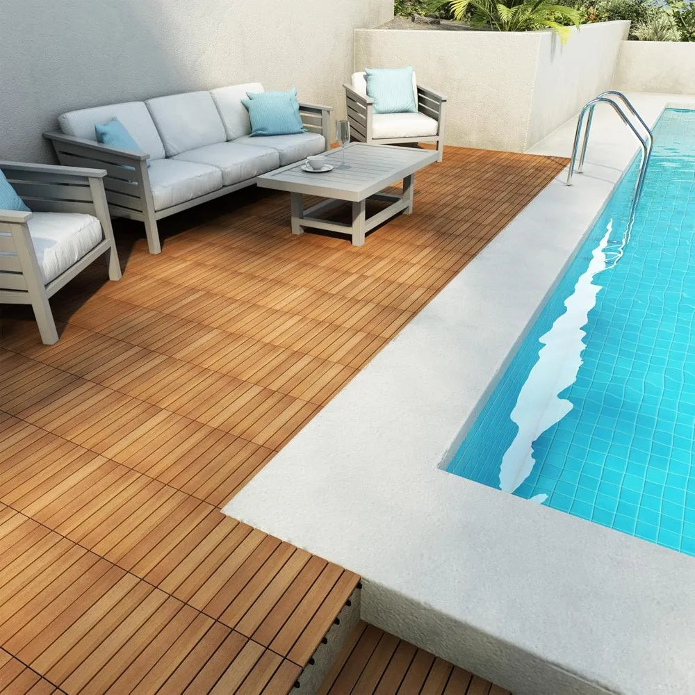 108 PCS Acacia Wood Interlocking Deck Tiles, 12x12 Inch Waterproof Tiles, Indoor Outdoor Patio Flooring