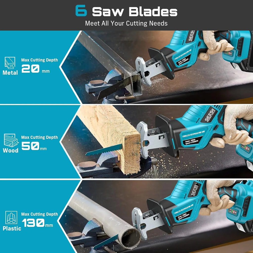 SEESII Cordless Reciprocating Saw, Variable Speed, 3500 RPM Brushless Motor, Portable Saw with 6 Saw Blades, 2 x 4.0Ah Batteries, For Wood & PVC Cutting