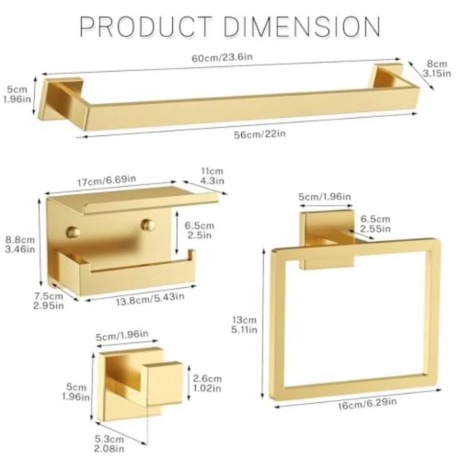 5-Piece Bathroom Hardware Set Brushed Gold Towel Bar Set, Stainless Steel Towel Holder Set for Bathroom, Wall-Mounted Towel Rack