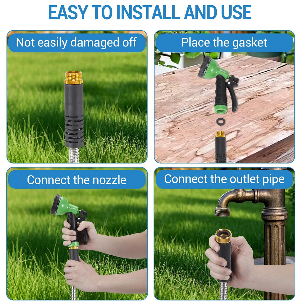 HiMiss 50/100/150FT Stainless Steel Garden Hose With 10-Function Spray Nozzle Kink-Free Metal Water Hose Brass Connectors