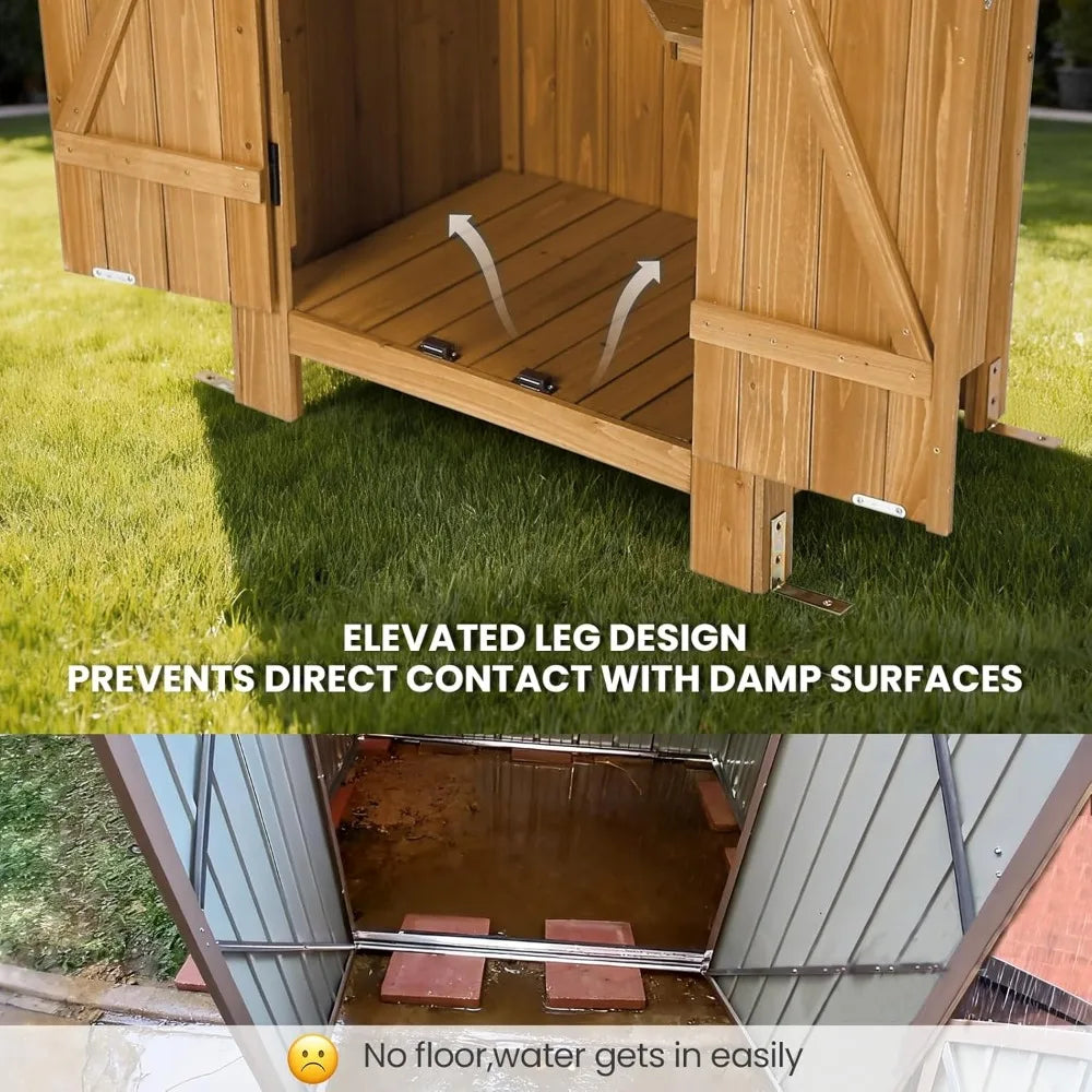 Wooden Outdoor Storage Shed, 70" Tall Double Doors Lockable Waterproof for Garden Backyard