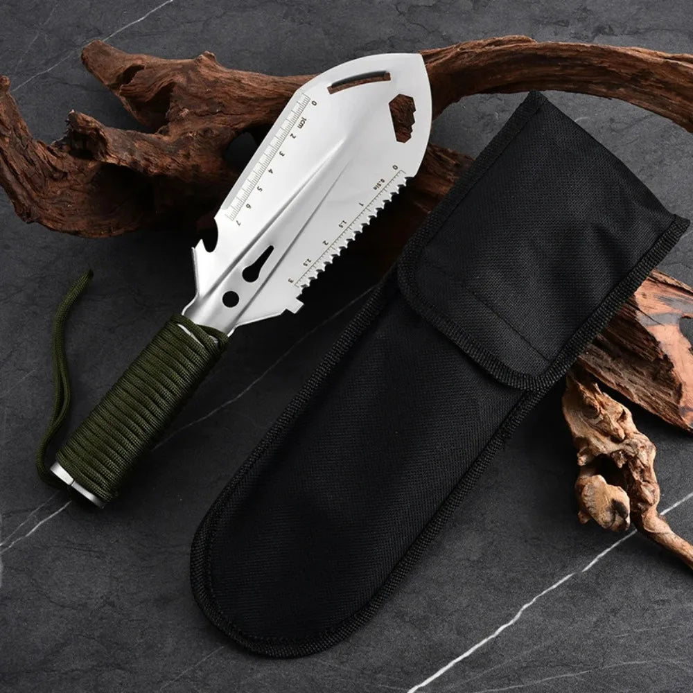 Survival Shovel, Stainless Steel Multi-Tool Camping Spade with Pickaxe & Saw, Portable Tactical EDC Gear for Hiking
