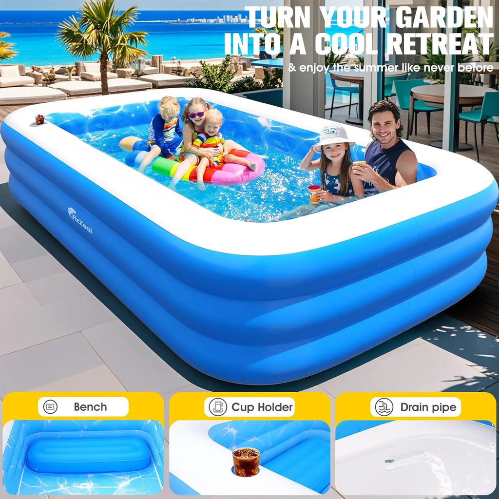 Inflatable Pool with Seat and Pool Lights, Durable Thickened Large Size Family Inflatable Pools for Adults Blow Up Pools,110" x