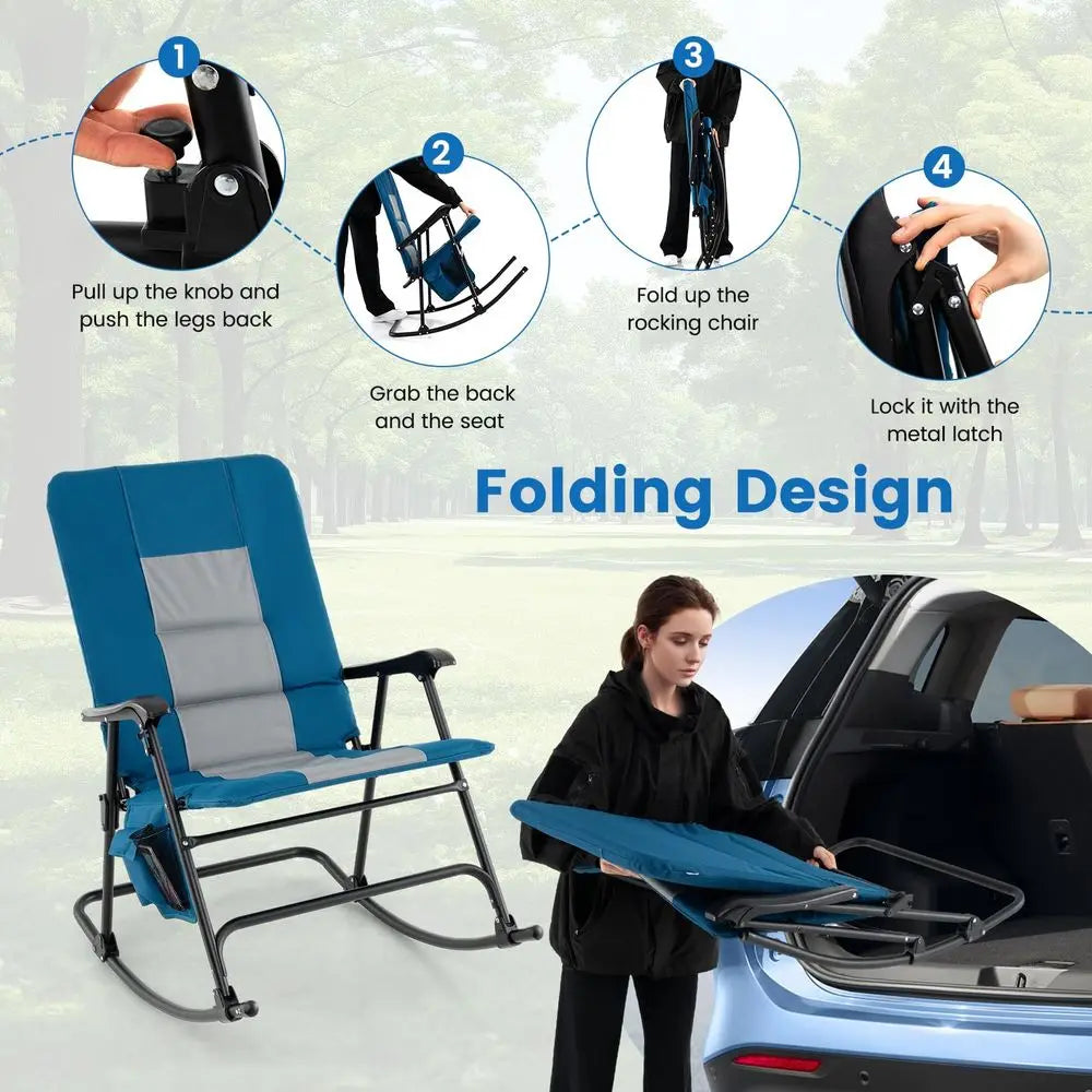 Oversized Folding Rocking Chair, Padded Patio Lounge Rocker w Metal Frame, Armrests, Side Pocket, Lightweight Portable Rocking