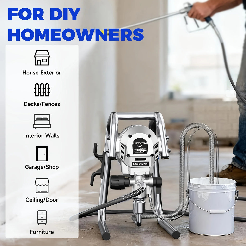 Litekon 1200W Heavy-Duty Airless Paint Sprayer, 3300PSI High Pressure & 40.58oz/Min High Flow For Fast Painting, Up To 30% More Coverage With Less Overspray, For Interior/Exterior Walls, Fences, Furniture