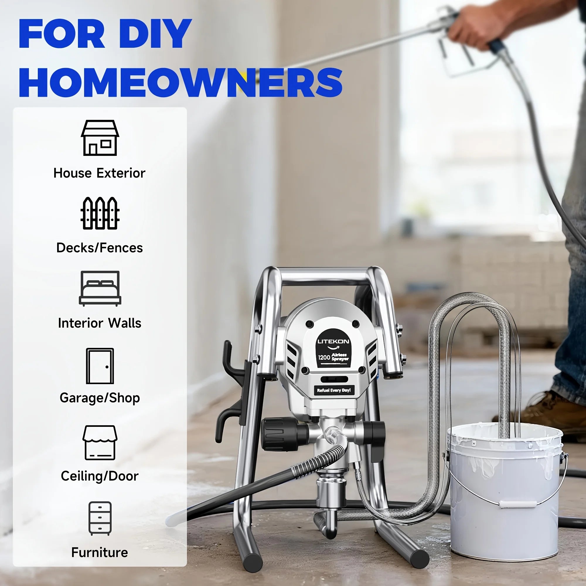 Litekon 1200W Heavy-Duty Airless Paint Sprayer, 3300PSI High Pressure & 40.58oz/Min High Flow For Fast Painting, Up To 30% More Coverage With Less Overspray, For Interior/Exterior Walls, Fences, Furniture
