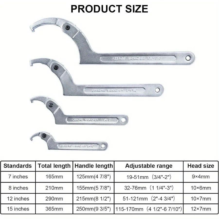 1 Set 4Pcs Adjustable Pin Spanner Wrench Tool Set 3/4" To 6-7/10", 4Pc C Pin Spanner Hook Wrench for Pipes Heating Vehicles Mechanical Equipment