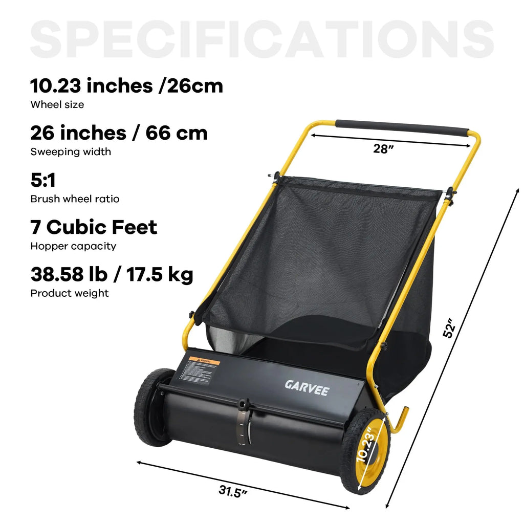 HiMiss Push Lawn Sweeper 26in Leaf & Grass Collector, 7 Cu.Ft Hopper Bag With Cover, Adjustable Brush Height, Steel Yard Sweeper