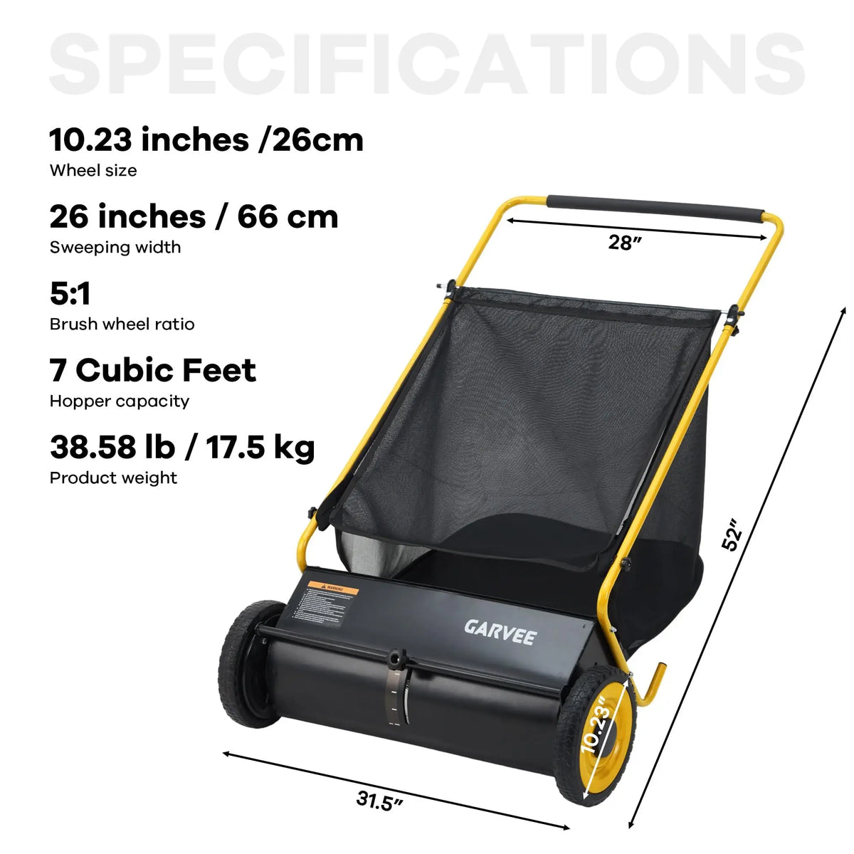 HiMiss Push Lawn Sweeper 26in Leaf & Grass Collector, 7 Cu.Ft Hopper Bag With Cover, Adjustable Brush Height, Steel Yard Sweeper