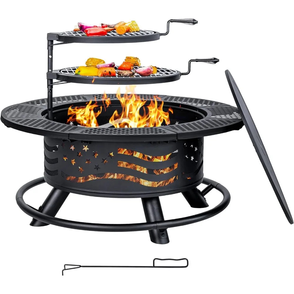 36 Inch Fire Pit with 2 Cooking Grates, Outdoor Wood Burning BBQ Grill Firepit Bowl with Cover Lid, Steel Round Table for Backya