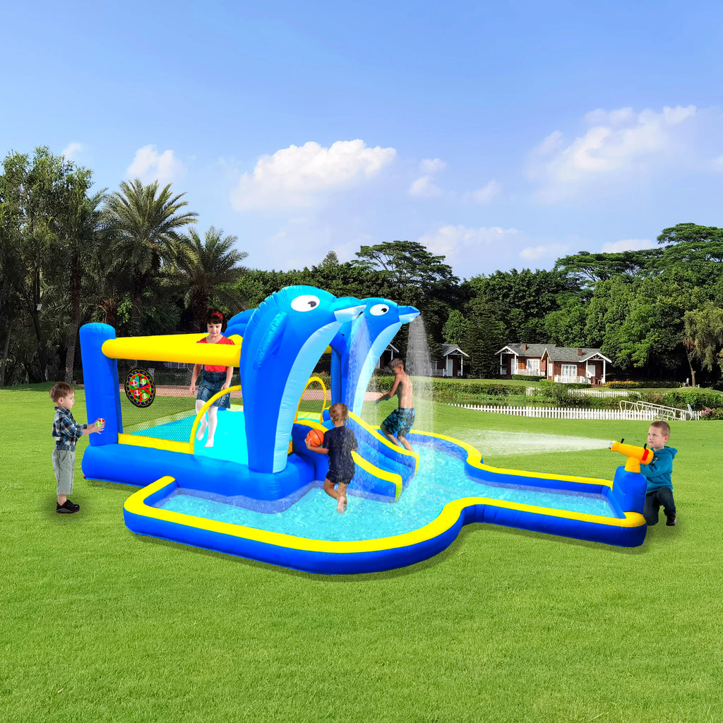 8 in1 Inflatable Slide Water Park Trampoline Bouncing House Outdoor Garden With Dolphin Sprinkler Target Games Water Gun Basketball