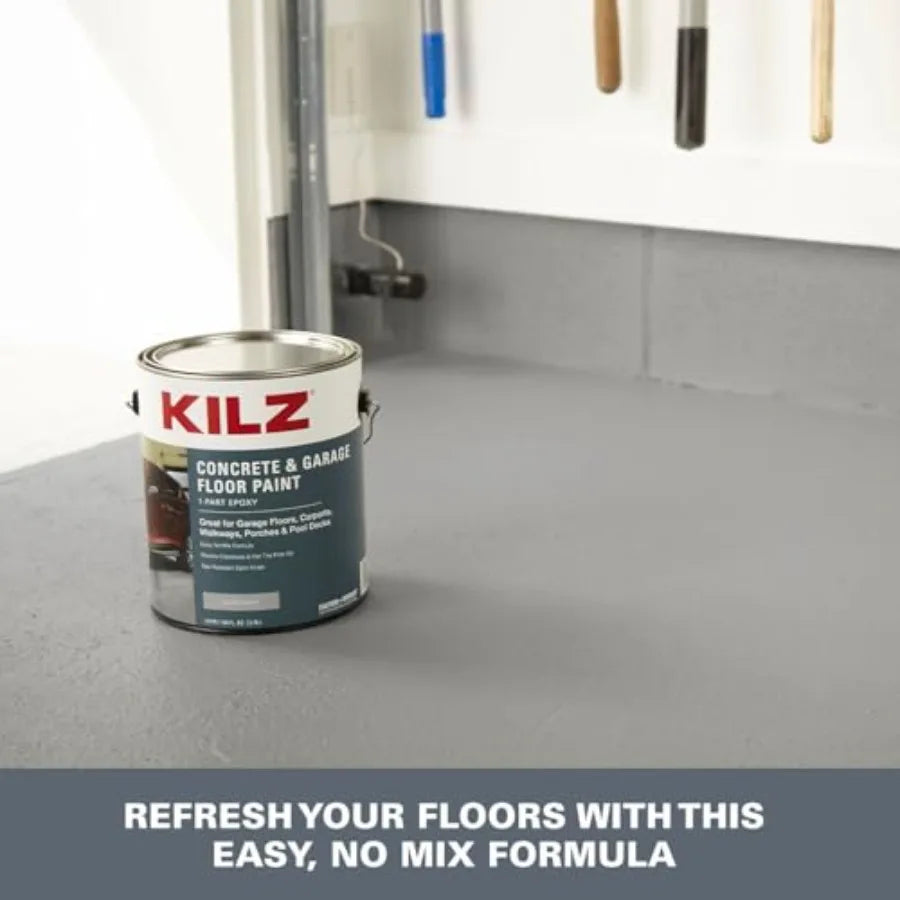 KILZ 1-Part Epoxy Acrylic Concrete and Garage Floor Paint,,Satin Interior/Exterior Concrete Paint for Basement Floors, Porches, Driveways