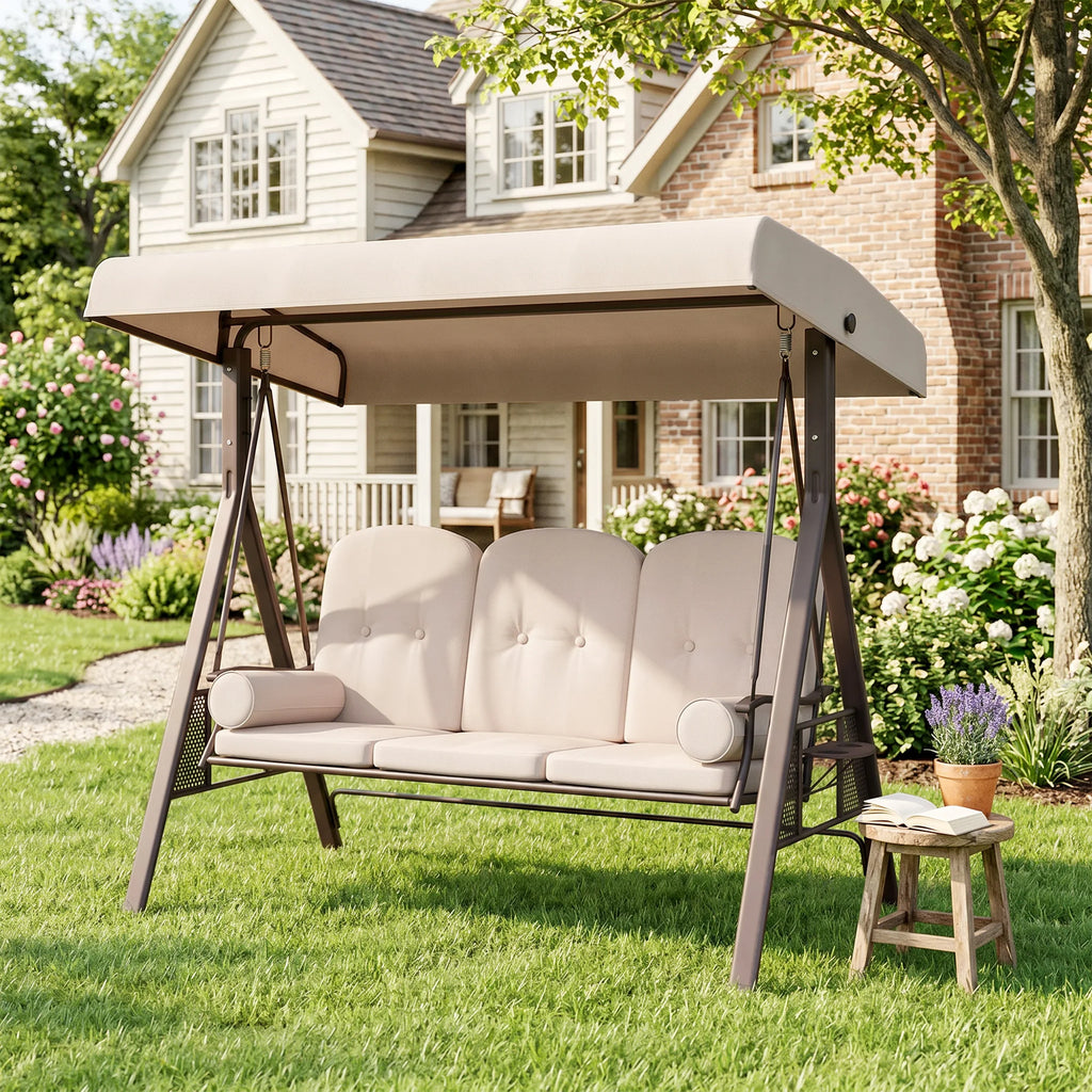 3-Person Outdoor Canopy Patio Cushioned Bench Porch Swing Seat, Beige