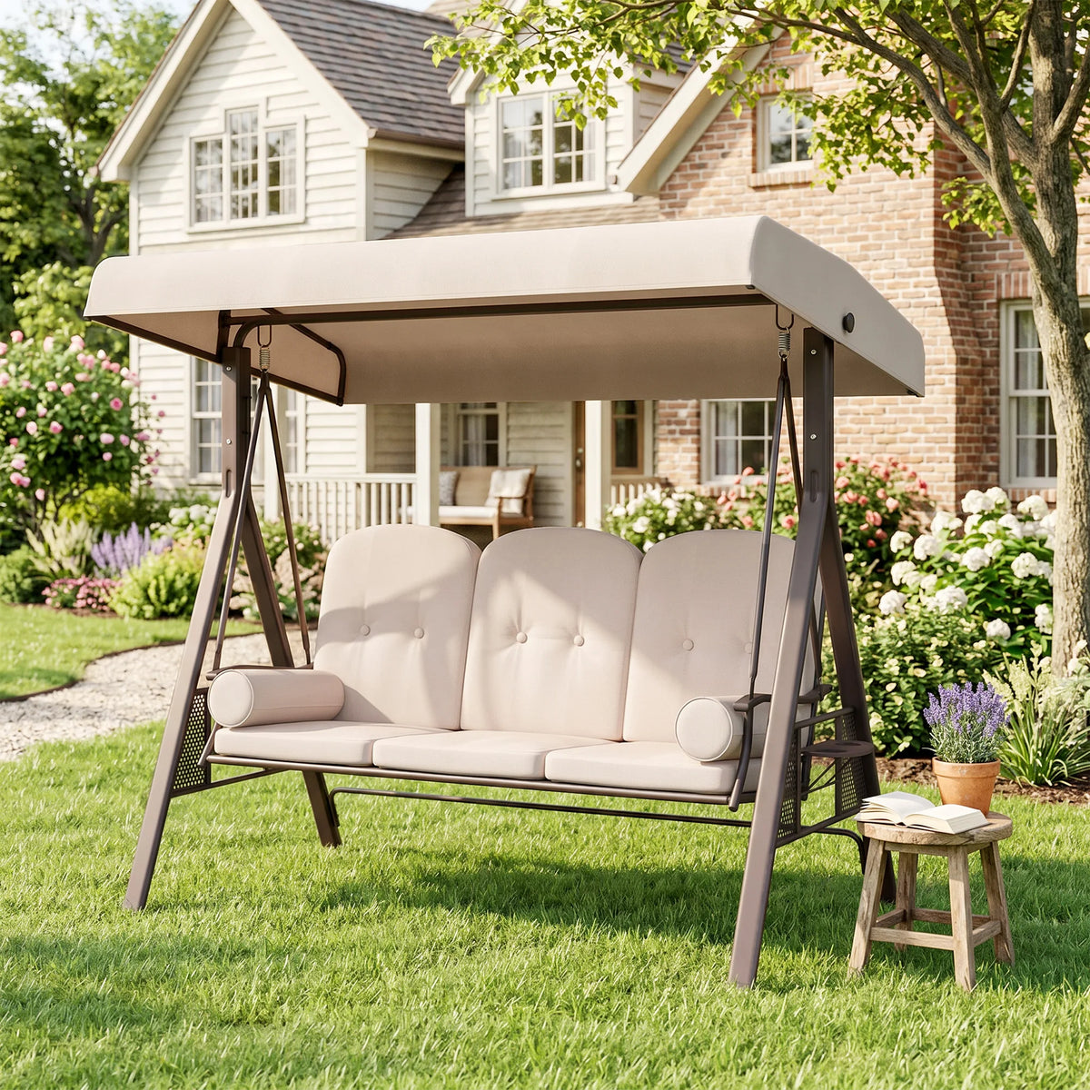 3-Person Outdoor Canopy Patio Cushioned Bench Porch Swing Seat, Beige