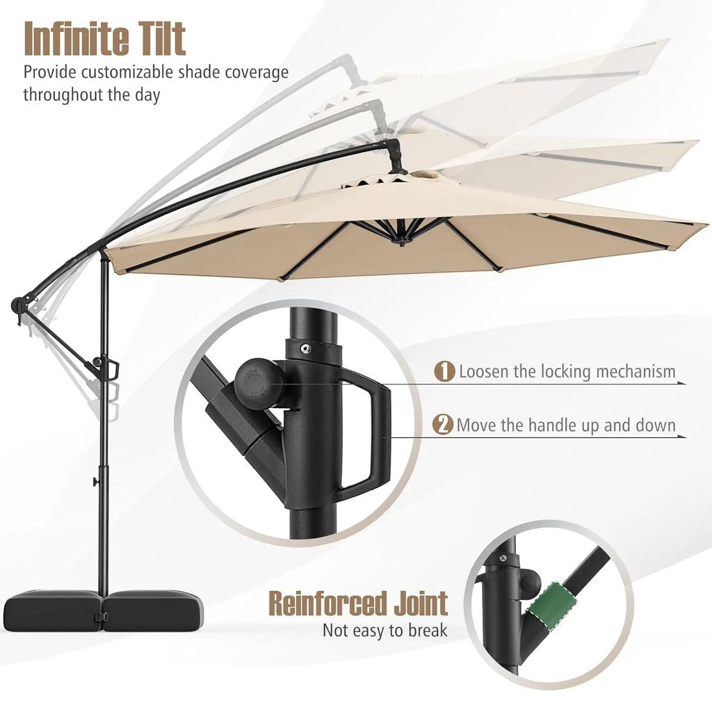 10ft Patio Umbrella with Base, Offset Cantilever Outdoor Umbrella with Infinite Tilt, 360 Degree Rotation, Crank, Customized