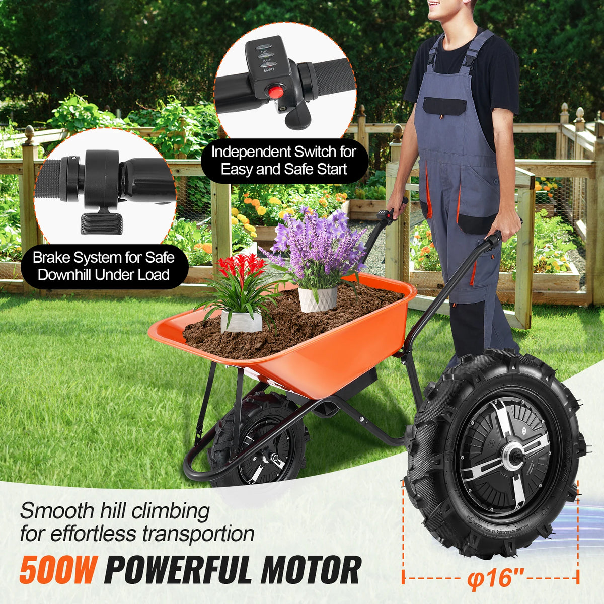 SucceBuy Electric Wheelbarrow Cart Utility Garden Wagon Dump Cart with Metal Handle & 16" Track Wheel One Wheel Barrow Yard Cart. 5 & 7 Cu. Ft.