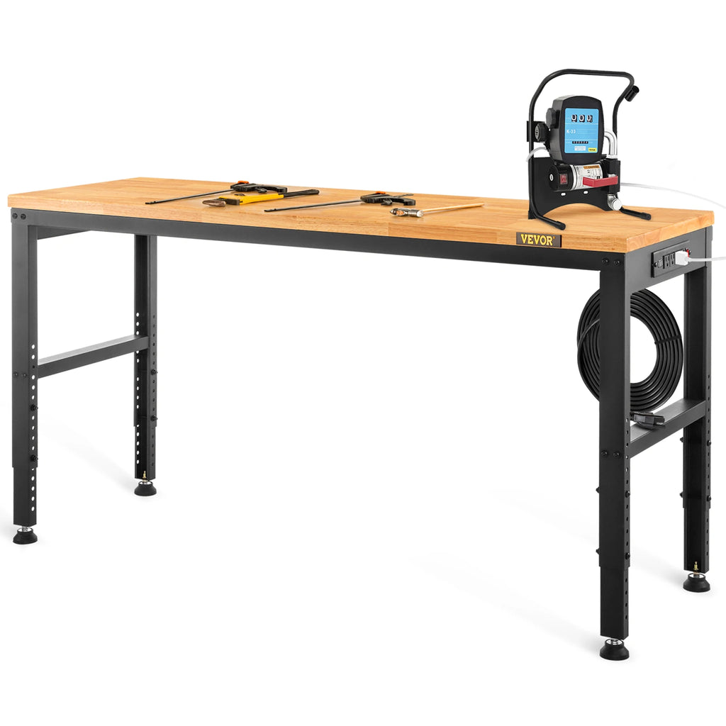 SucceBuy 72cm Woodworking Workbench, Adjustable Height Oak Wood Hardwood Top Worktable, 900KG Capacity for Office Home Workshop