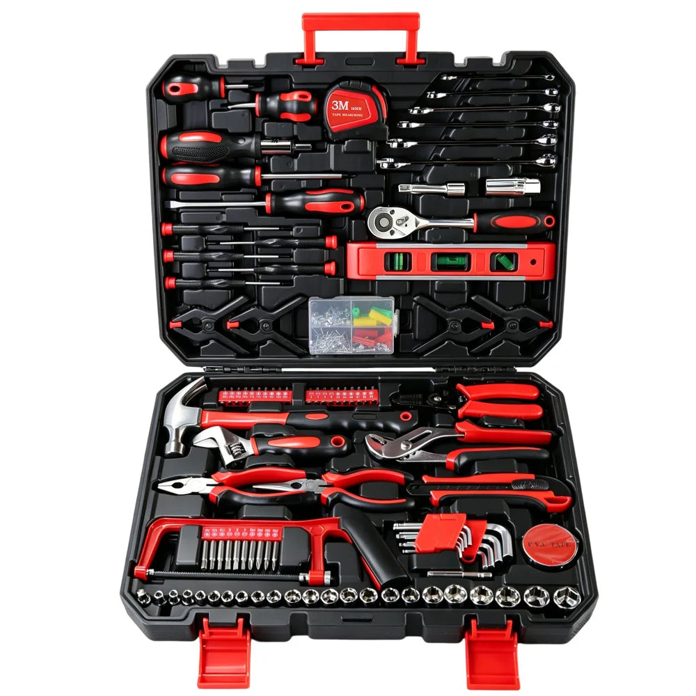 This Household Tool Set with Toolbox Is A Complete Set of 266 Hand Tools, Including A Ratchet Screwdriver, Socket Wrench Set, Pliers, Hammer, Level, and Measuring Tape. It Is Versatile, Rust-resistant, Corrosion-resistant, an