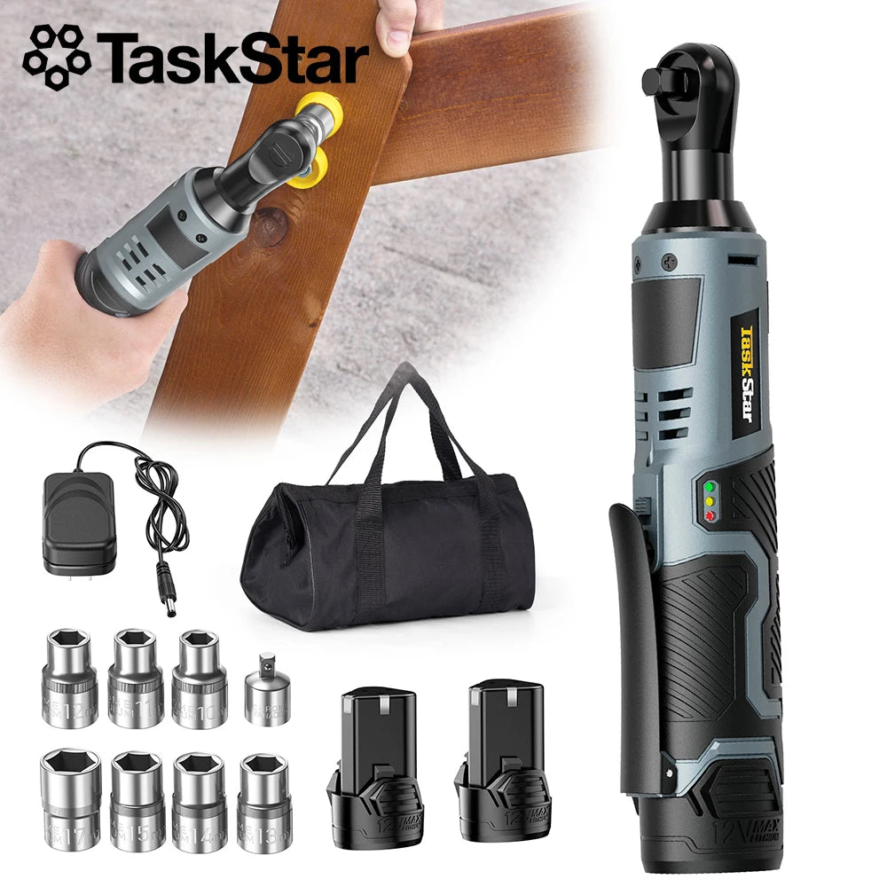 TaskStar 3/8" Driver Cordless Ratchet Wrench with 1/4" Adapter &7 Sockets & 2 2.0Ah Batteries 12V Car Dismantling Tool Electric Wrench Kit