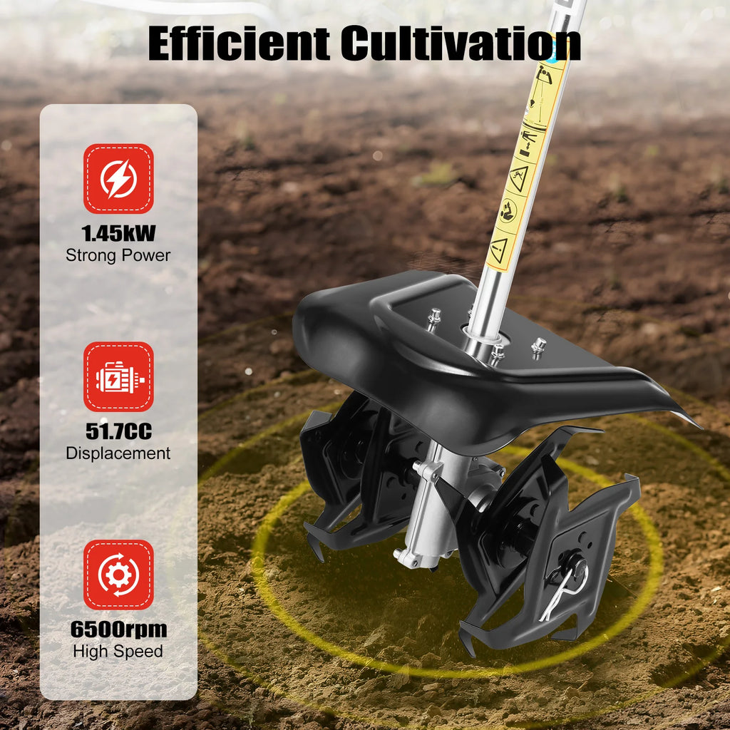 51.7cc Mini Gas Cultivator Cordless Garden Tiller 1.45kW 9 Inch Tilling Width 3.5 Inch Depth with 76.6in Long Pole for Soil Weeding