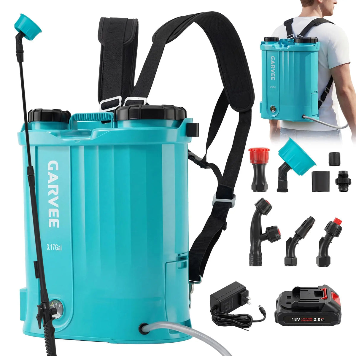 Garvee Battery Powered Backpack Sprayer 2.64/3.17/4.23 Gal, 18V Electric Garden Sprayer With 0-65 PSI, 5 Nozzles For Lawn Weeding