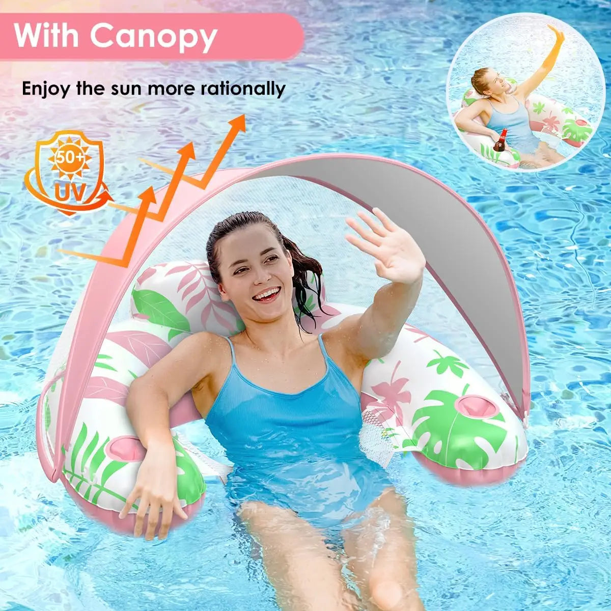 Pool Floats Adult with Adjustable Canopy, Inflatable Pool Float Chair with Cup and Drink Holder, Sunshade UPF50+, for Pool Beach