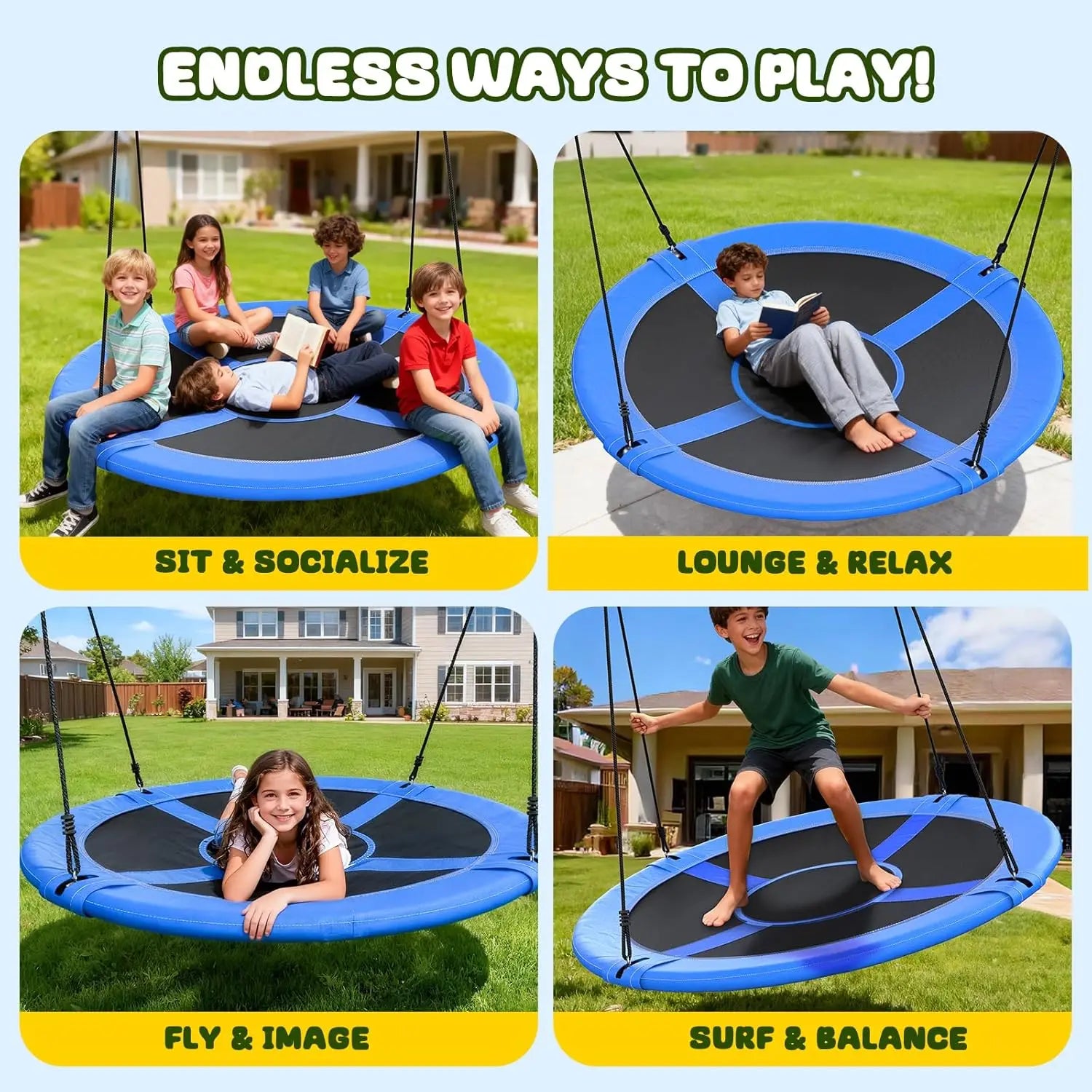60" Large Saucer Tree Swing for Kids Adults 900D Oxford Waterproof with Hanging Straps