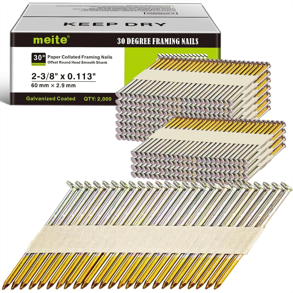 Meite 30 Degree Framing Nails 2-3/8 Inch Galvanized Paper Collated for Framing Nailer Gun, Offset Round Head Smooth Shank for Decking