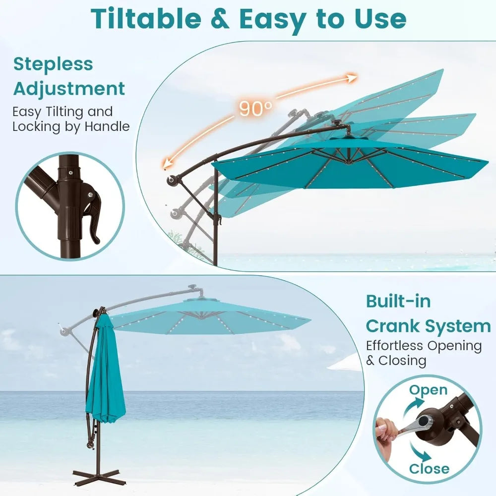 10FT Offset Patio Umbrella with Base Included, Outdoor Cantilever Umbrella with 32 Solar LED Lights, Tilt Adjustment, Crank Han