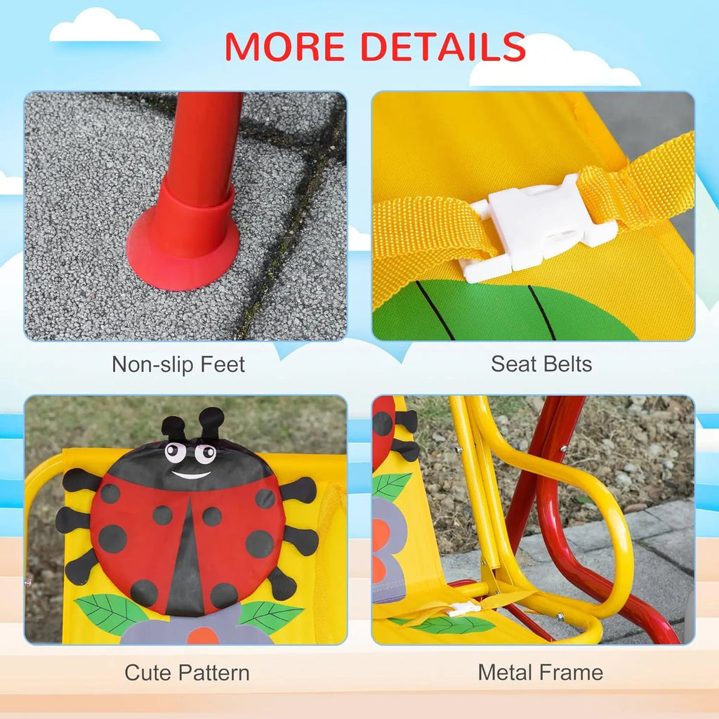 Porch Swing for Kids with Adjustable Canopy to Block Sun at Angles, Kids Swing Chair with Seatbelts, Red Ladybugs And Yellow