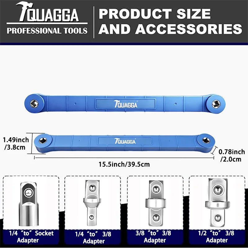 Tquagga Tight Reach Offset Extension Wrench Set – 15.5" Heavy-Duty Carbon Steel Wrench with 1/2", 1/4" & 3/8" Drive Adapters, Zero Swing Arc for Confined Spaces, Universal Access Tool for Automotive Repair & Home DIY